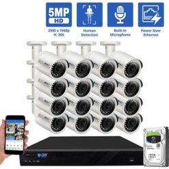 GW Security 16 Channel PoE IP Ultra-HD 5MP Security Camera System, 16ch 4K NVR with 16 x 5MP 2.8mm Fixed Lens Bullet Security Camera, part of GW Security's collection of security cameras for sale