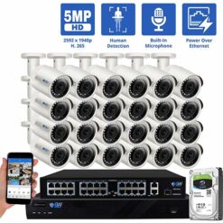 GW Security 32 Channel PoE IP Ultra-HD 4K Security Camera System, 32ch 4K NVR with 24 x 5MP 2.8mm Fixed Lens Bullet Security Camera