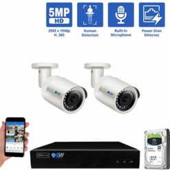 GW Security 4 Channel PoE IP Ultra-HD 4K Security Camera System, 8ch 4K NVR with 2 x 5MP 2.8mm Fixed Lens Bullet Security Camera, part of GW Security's collection of 5MP HD IP POE Security Cameras