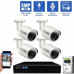 GW Security 4 Channel PoE IP Ultra-HD 5MP Security Camera System, 8ch 4K NVR with 4 x 5MP 2.8mm Fixed Lens Bullet Security Camera, part of GW Security's HD IP Security Camera Stystem collecion