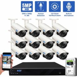 GW Security 16 Channel 5MP 1920P IP PoE Security Camera System, 4K NVR with 12 × Outdoor/Indoor 2.8-12mm Varifocal Zoom 5.0 Megapixel 1920P Cameras