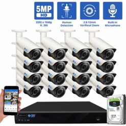 GW Security 16 Channel 5MP 1920P IP PoE 5MP Security Camera System, 4K NVR with 16 × Outdoor/Indoor 2.8-12mm Varifocal Zoom 5.0 Megapixel 1920P Cameras, part of GW Security's HD IP Security Camera Stystem collecion