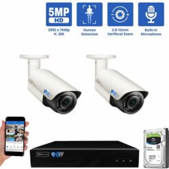 GW Security 4 Channel 5MP 1920P IP PoE Security Camera System, 4K NVR with 2 × Outdoor/Indoor 2.8-12mm Varifocal Zoom 5.0 Megapixel 1920P Cameras, part of GW Security's collection of 5MP HD IP POE Security Cameras
