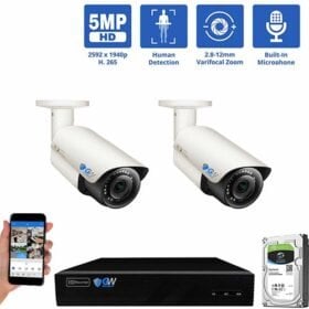 GW Security 4 Channel 5MP 1920P IP PoE Security Camera System, 4K NVR with 2 × Outdoor/Indoor 2.8-12mm Varifocal Zoom 5.0 Megapixel 1920P Cameras, part of GW Security's collection of 5MP HD IP POE Security Cameras