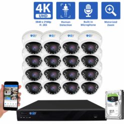 GW 16 Channel 8MP UltraHD 4K (3840×2160) Audio & Video Motorized Zoom Home NVR Security System – 16 x Dome 8 Megapixel 2.8-8mm 3X Optical Zoom Waterproof IP PoE Cameras Built-in Microphone, part of GW Security's 4K security camera system collection