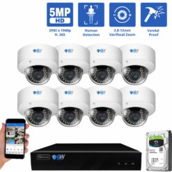 GW Security 8 Channel 5MP Security Camera System, 5MP (2592x1944p) 2.8-12 mm Varifocal Lens 4x Optical Zoom PoE IP 8 Dome Cameras & 4K NVR, part of GW Security's collection of security cameras for sale