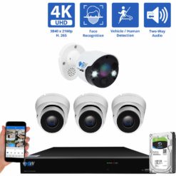 8 Channel NVR Security Camera System with 1 * 8MP IP Bullet 3.6mm Fixed Lens Camera & 3 * 8MP IP Turret 3.6mm Fixed Lens Camera, Face Recognition, Human / Vehicle Detection, Two-Way Audio, Spotlight, part of GW Security's collection of 4k Ultra HD Security Systems