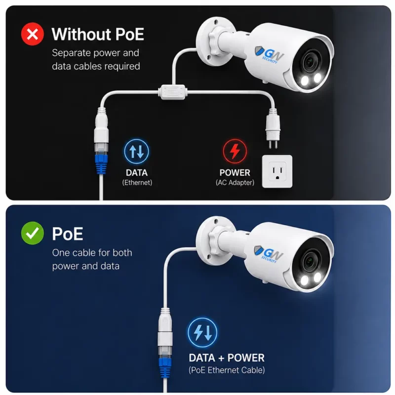 Diagram showing a camera with and without Power Over Ethernet connection