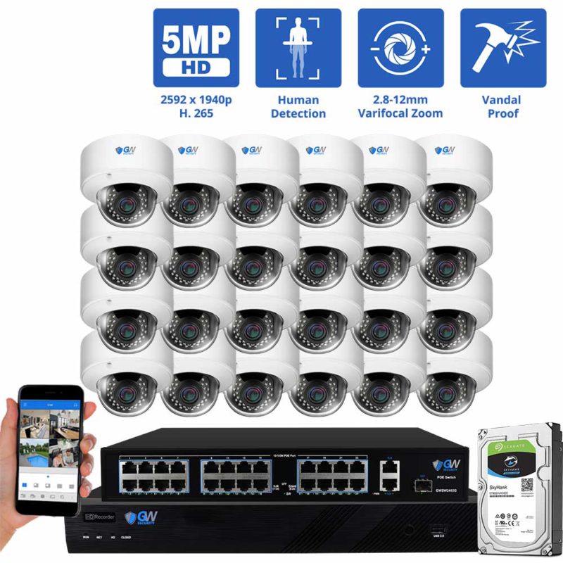 GW Security 32 Channel Security Camera System, 5MP (2592x1944p) 2.8-12 mm Varifocal Lens 4x Optical Zoom PoE IP 24 Dome Cameras & 4K NVR, part of GW Security's collection of security cameras for sale