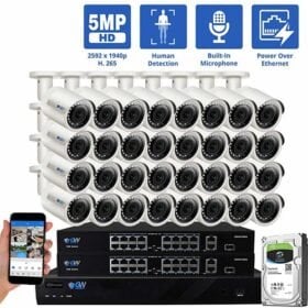 GW Security 32 Channel PoE IP Ultra-HD 4K Security Camera System, 32ch 4K NVR with 32 x 5MP 2.8mm Fixed Lens Bullet Security Camera