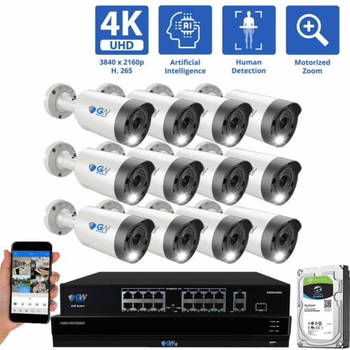 GW Security 16 Channel, 12 x 8MP 4K UHD-IP PoE 2.7-13.5mm Motorized Lens 5X Optical Zoom Bullet Security Camera with Spotlight and Built-in Microphone, part of GW Security's collection of 16 channel security camera systems