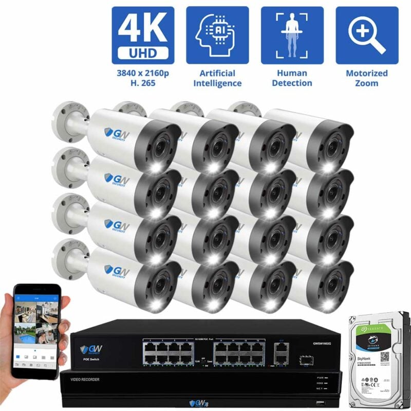 GW Security 16 Channel, 16 x 8MP 4K UHD-IP PoE 2.7-13.5mm Motorized Lens 5X Optical Zoom Bullet Security Camera with Spotlight and Built-in Microphone, part of GW Security's collection of 16 channel security camera systems