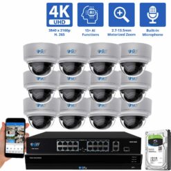 GW Security 16 Channel Security Camera System, 16ch 4K NVR & 12 x 8MP 4K UHD-IP PoE 2.7-13.5mm Motorized Lens 5X Optical Zoom Dome Security Camera with built-in Microphone, part of GW Security's collection of 16 channel security camera systems