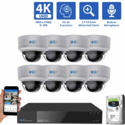 GW Security 8 Channel Security Camera System, 8ch 4K NVR & 8 x 8MP 4K UHD-IP PoE 2.7-13.5mm Motorized Lens 5X Optical Zoom Dome Security Camera with built-in Microphone, part of GW Security's 4K security camera system collection