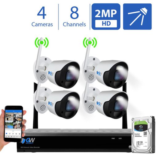 GW Security 8 Channel 2MP WiFi Security Camera System, 8ch Wireless NVR with 4 x 2MP WiFi Spotlight Bullet, Two-Way Audio Security Cameras, Video Surveillance System, part of GW Security's collection of security cameras for sale