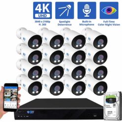 GW Security 16 Channel 8MP IP PoE Security Camera System, 16ch 4K NVR & 16 x 8MP IP 2.8mm Fixed Lens Bullet Security Cameras, Built-In Mic, Full-Time Color Night Vision, Video Surveillance System for 24/7 Recording, part of GW Security's collection of 16 channel security camera systems