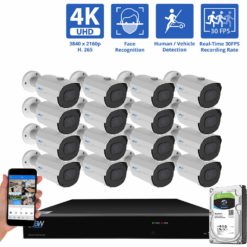 GW Security 16 Channel 8MP 4K H.265 POE/IP Security Camera System, 16ch 4K NVR & 16 × 8MP IP PoE 2.7-13.5mm Motorized Lens Autofocus Bullet Security Camera, Two-Way Audio Support, 30 FPS Recording Rate, part of GW Security's collection of 16 channel security camera systems