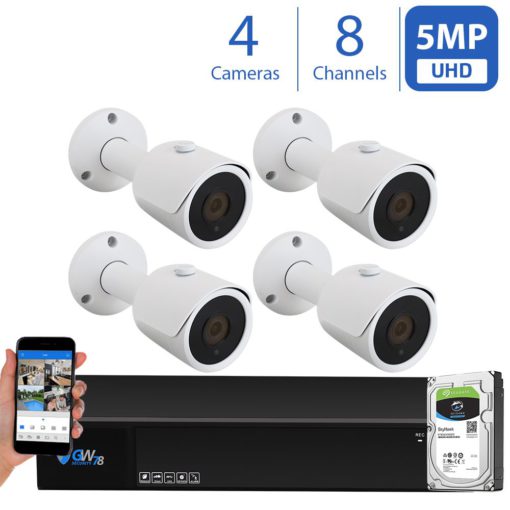 GW Security 8 Channel Coaxial 5MP Security Camera System 8ch DVR & 4 x 5MP 2.8/3.6mm Fixed Lens Bullet Security Camera