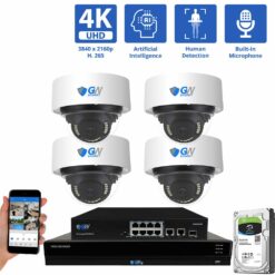 GW Security 8 Channel 4K 8MP (3840×2160) H.265+ IP PoE AI Smart Security Camera System, 4K 8ch NVR with 4 × Outdoor/Indoor 8.0 Megapixel 2160P Fixed Dome Security Cameras, Human Detection, Starlight Color Night Vision, part of GW Security's HD IP Security Camera Stystem collecion, part of GW Security's collection of 4k Ultra HD Security Systems