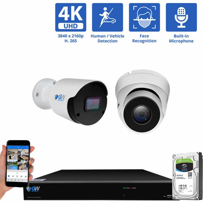 8 Channel NVR Security Camera System with 1 * 8MP IP Bullet 3.6mm Fixed Lens Camera, 1 * 8MP IP Turret 3.6mm Fixed Lens Camera, Face Recognition, Human & Vehicle Detection, Spotlight, Built-in Mic, PoE, part of GW Security's collection of 4k Ultra HD Security Systems
