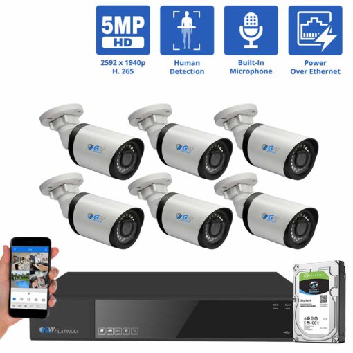 8 Channel NVR Security Camera System with 6 * 5MP IP Bullet 3.6mm Fixed Lens Camera, Human Detection, Built-In Microphone, PoE, part of GW Security's collection of 5MP HD IP POE Security Cameras