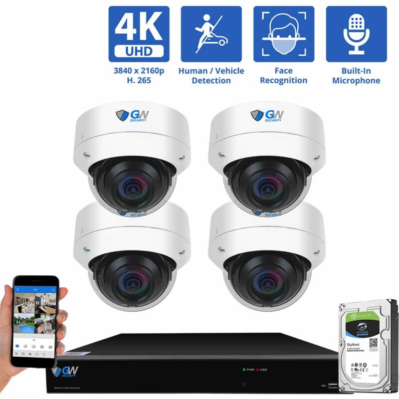 8 Channel NVR Security Camera System with 4 * 8MP IP Dome 2.8mm Fixed Lens Camera, Face Recognition, Human & Vehicle Detection, Built-in Mic, PoE, part of GW Security's collection of 4k Ultra HD Security Systems