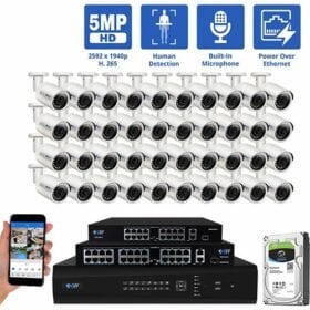 64 Channel NVR Security Camera System with 40 * 5MP IP Bullet 2.8mm Fixed Lens Camera, Human Detection, Built-In Microphone, PoE