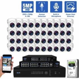 64 Channel NVR Security Camera System with 40 * 5MP IP Turret 2.8mm Fixed Lens Camera, Human Detection, Built-In Microphone, PoE