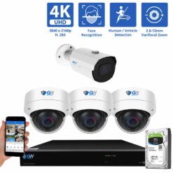 8 Channel NVR Security Camera System with 1 * 8MP IP Bullet 2.8mm-12mm Varifocal Lens Camera, Face Recognition & 3 * 8MP IP Dome 2.8mm Fixed Lens Camera, Human / Vehicle Detection, 4X Optical Zoom, Built-In Microphone, part of GW Security's collection of 4k Ultra HD Security Systems