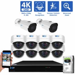 Private: 8 Channel NVR Coaxial Security Camera System with 2 * 8MP IP Bullet 2.8mm-12mm Motorized Lens Camera & 8 * 8MP IP Dome 2.8mm Fixed Lens Camera, Face Recognition, Human / Vehicle Detection, 4X Optical Zoom, Built-In Microphone, PoE