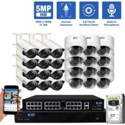 32 Channel NVR Security Camera System with 12 * 5MP IP Dome 2.8-12mm Varifocal Lens Camera & 12 * 5MP IP Bullet 2.8-12mm Varifocal Lens Camera, Human Detection, 4X Optical Zoom, Built-In Microphone, Vandal-Proof, PoE