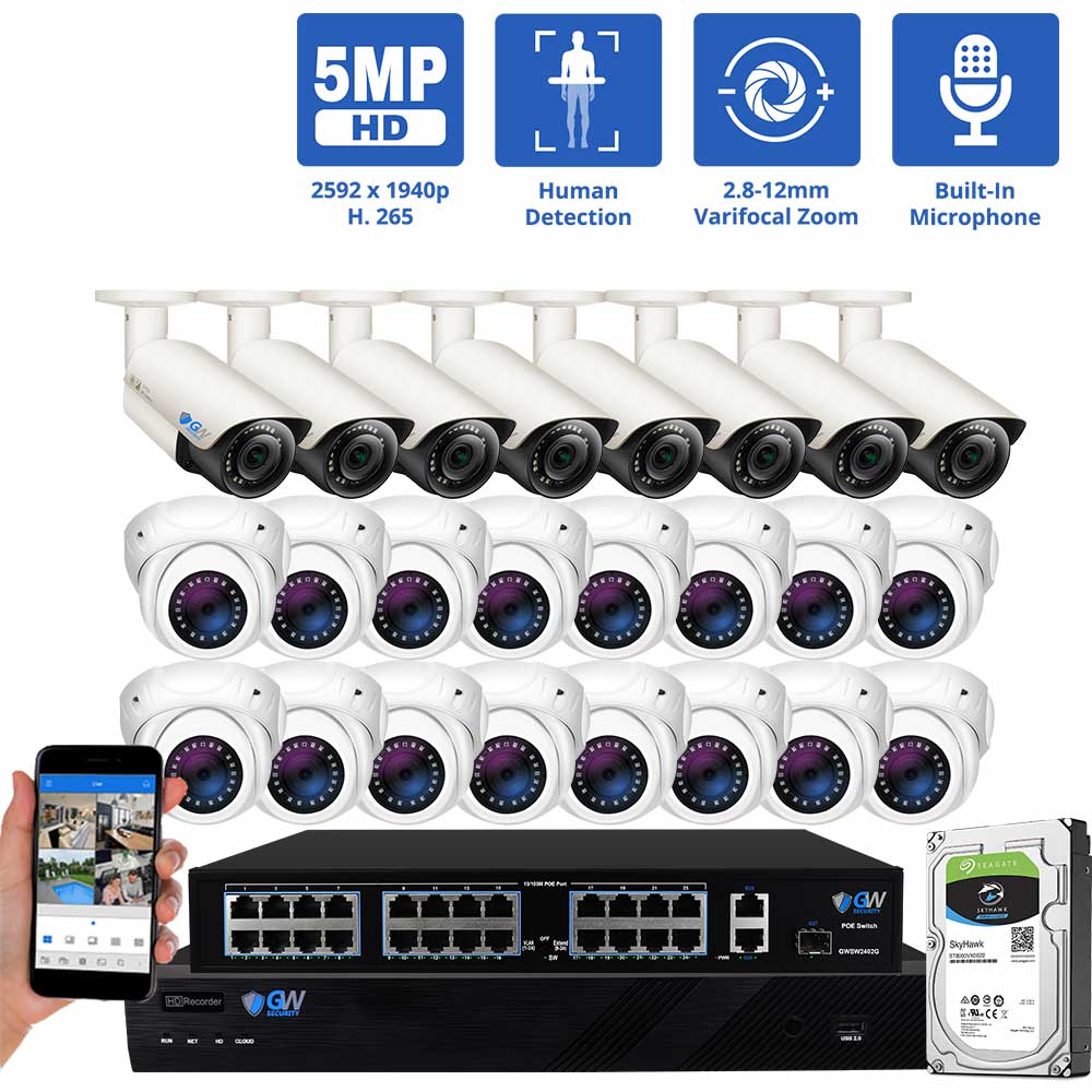 32 Channel NVR Security Camera System with 16 * 5MP IP Turret 2.8mm Fixed Lens Security Camera & 8 * 5MP IP Bullet 2.8-12mm Varifocal Lens 4X Optical Zoom Camera, Human Detection, Built-In Microphone, PoE