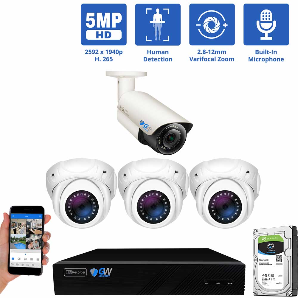 8 Channel NVR Security Camera System with 3 * 5MP IP Turret 2.8mm Fixed Lens Security Camera & 1 * 5MP IP Bullet 2.8-12mm Varifocal Lens 4X Optical Zoom Camera, Human Detection, Built-In Microphone, PoE