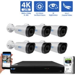 8 Channel Coaxial Security Camera System with 6 * 8MP Analog Bullet 3.3-12mm Varifocal Lens  Camera, 3X Optical Zoom