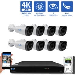 8 Channel Coaxial Security Camera System with 8 * 8MP Analog Bullet 3.3-12mm Varifocal Lens  Camera, 3X Optical Zoom