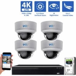 4 Channel Coaxial Security Camera System with 4 * 8MP Analog Dome 3.3-12mm Varifocal Lens  Camera, 3X Optical Zoom