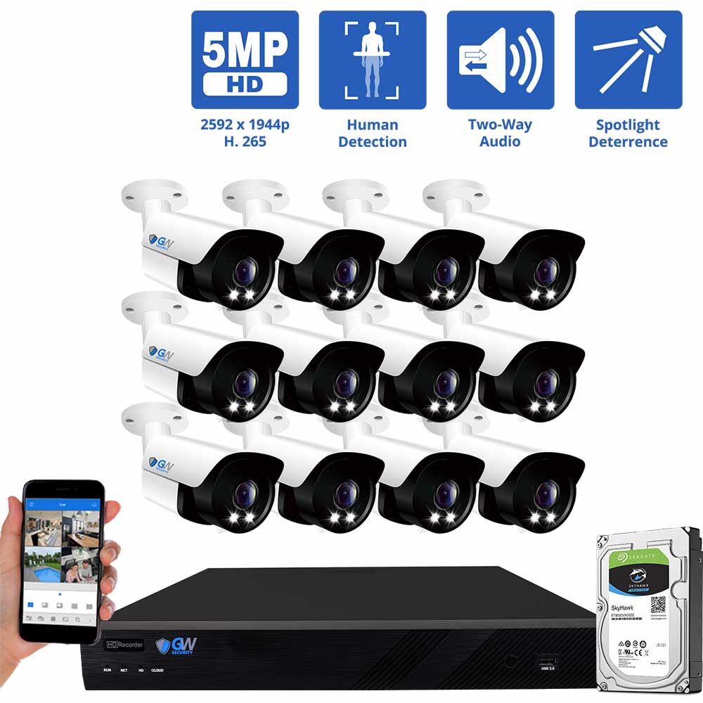 16 Channel NVR Security Camera System with 12 * 5MP IP Bullet 2.8mm Fixed Lens Camera, Two-Way Audio, Full-time Color Night Vision, Spotlight, PoE
