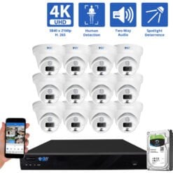 16 Channel NVR Security Camera System with 12 * 8MP IP Turret 2.8mm Fixed Lens Camera, Two-Way Audio, Full-time Color Night Vision, Spotlight, PoE