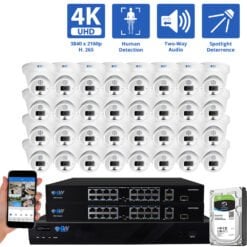 32 Channel NVR Security Camera System with 32 * 8MP IP Turret 2.8mm Fixed Lens Camera, Two-Way Audio, Full-time Color Night Vision, Spotlight, PoE