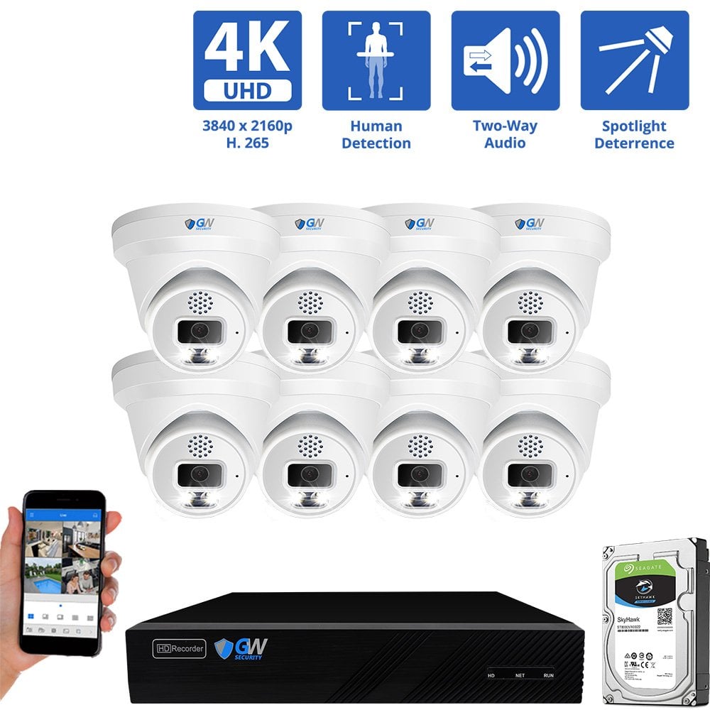 8 Channel NVR Security Camera System with 8 * 8MP IP Turret 2.8mm Fixed Lens Camera, Two-Way Audio, Full-time Color Night Vision, Spotlight, PoE