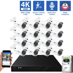 16 Channel Coaxial Security Camera System with 16 * 8MP Analog Bullet 2.8mm Fixed Lens Camera, Human / Vehicle Detection, Built-In Mic