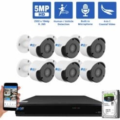 8 Channel Coaxial Security Camera System with 6 * 5MP Analog Bullet 3.6mm Fixed Lens Camera, Human / Vehicle Detection, Built-In Microphone