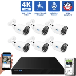 8 Channel Coaxial Security Camera System with 6 * 8MP Analog Bullet 2.8mm Fixed Lens Camera, Human / Vehicle Detection, Built-In Mic