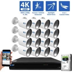 16 Channel Coaxial Security Camera System with 16 * 8MP Analog Bullet 3.6mm Fixed Lens Camera, Full-Time Color Night Vision, Human / Vehicle Detection