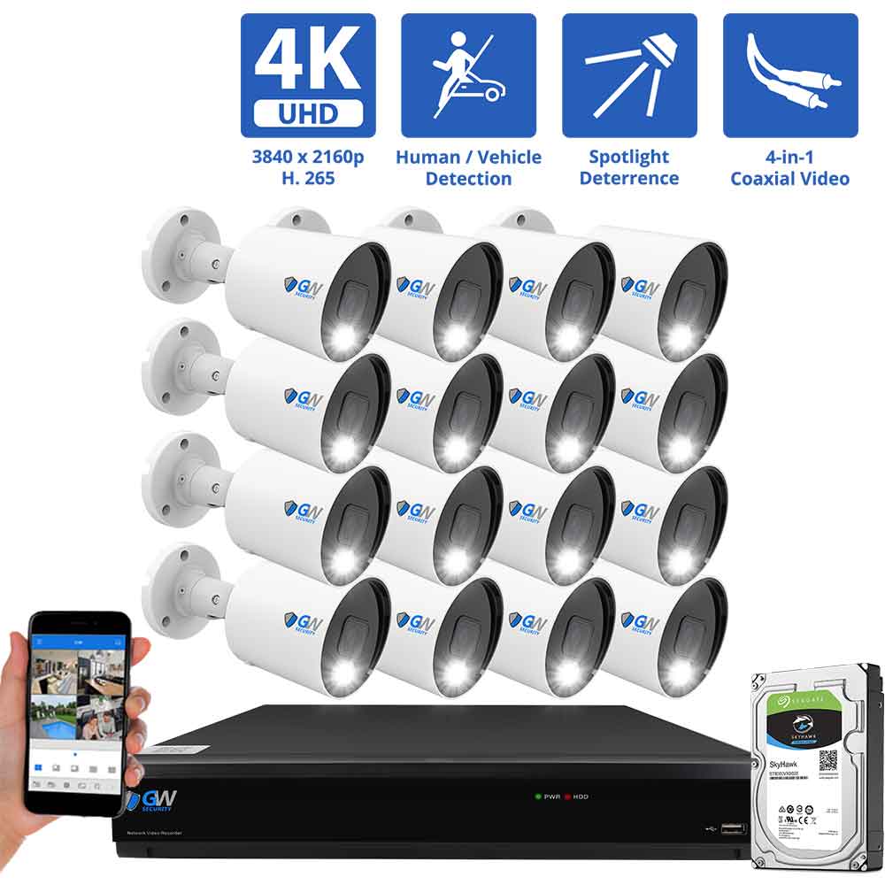 16 Channel Coaxial Security Camera System with 16 * 8MP Analog Bullet 3.6mm Fixed Lens Camera, Full-Time Color Night Vision, Human / Vehicle Detection