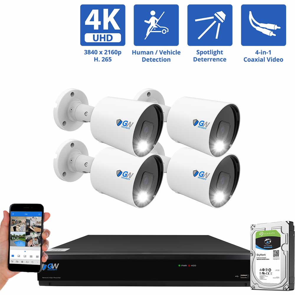 8 Channel Coaxial Security Camera System with 4 * 8MP Analog Bullet 3.6mm Fixed Lens Camera, Full-Time Color Night Vision, Human / Vehicle Detection, Built-In Microphone