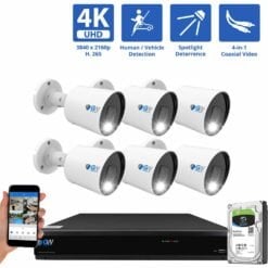 8 Channel Coaxial Security Camera System with 6 * 8MP Analog Bullet 3.6mm Fixed Lens Camera, Full-Time Color Night Vision, Human / Vehicle Detection