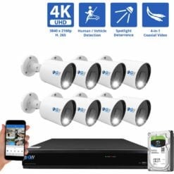 8 Channel Coaxial Security Camera System with 8 * 8MP Analog Bullet 3.6mm Fixed Lens Camera, Full-Time Color Night Vision, Human / Vehicle Detection