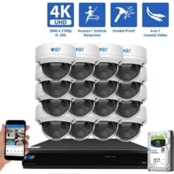16 Channel Coaxial Security Camera System with 16 * 8MP Analog Dome 2.8mm Fixed Lens Camera, Human / Vehicle Detection