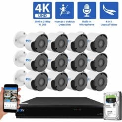 16 Channel Coaxial Security Camera System with 12 * 8MP Analog Bullet 3.6mm Fixed Lens Camera, Human / Vehicle Detection, Built-In Microphone